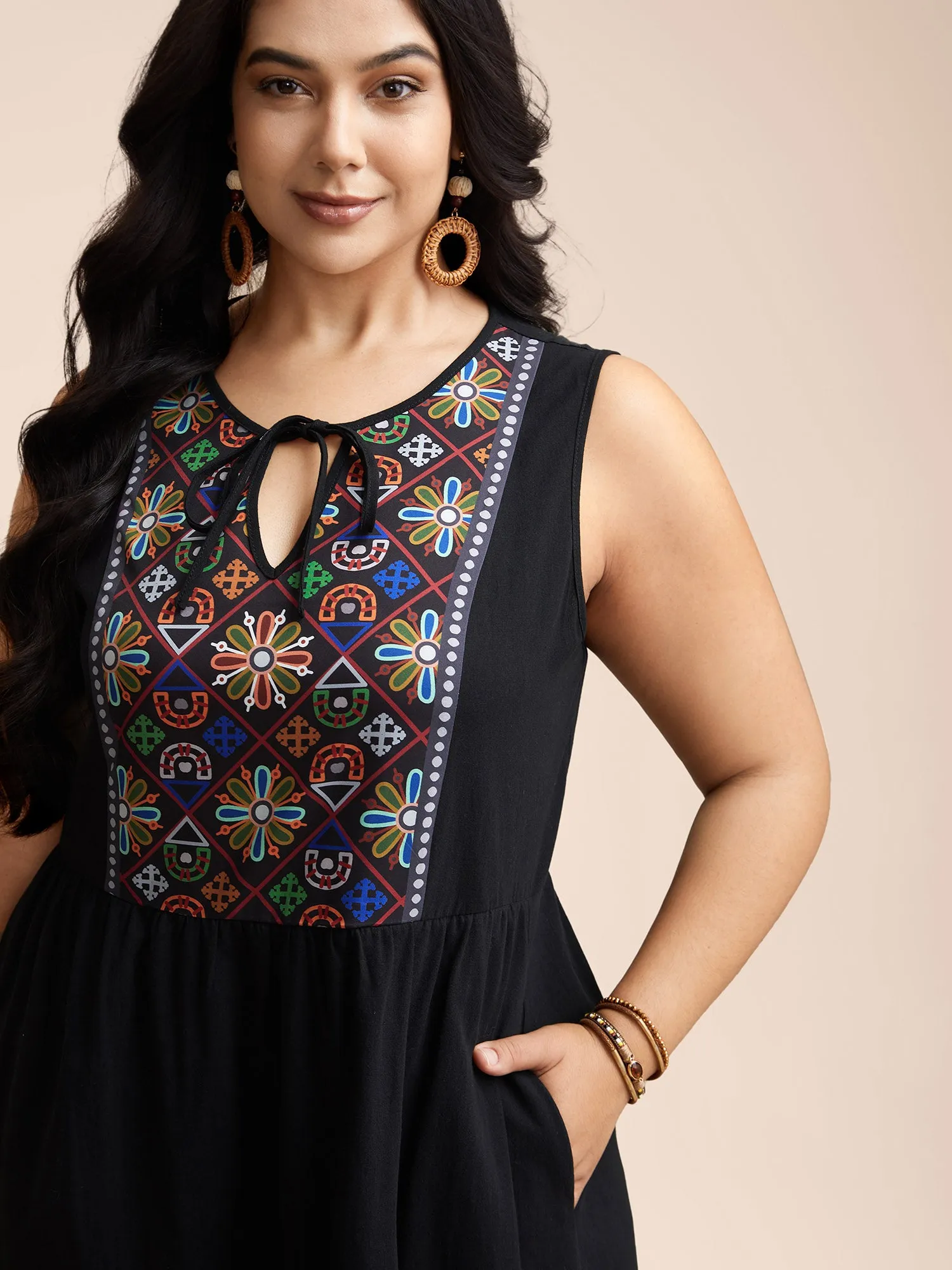 Cotton Boho Pattern Neck Tassels Midi Dress sold by Bloomchic product image thumbnail 2