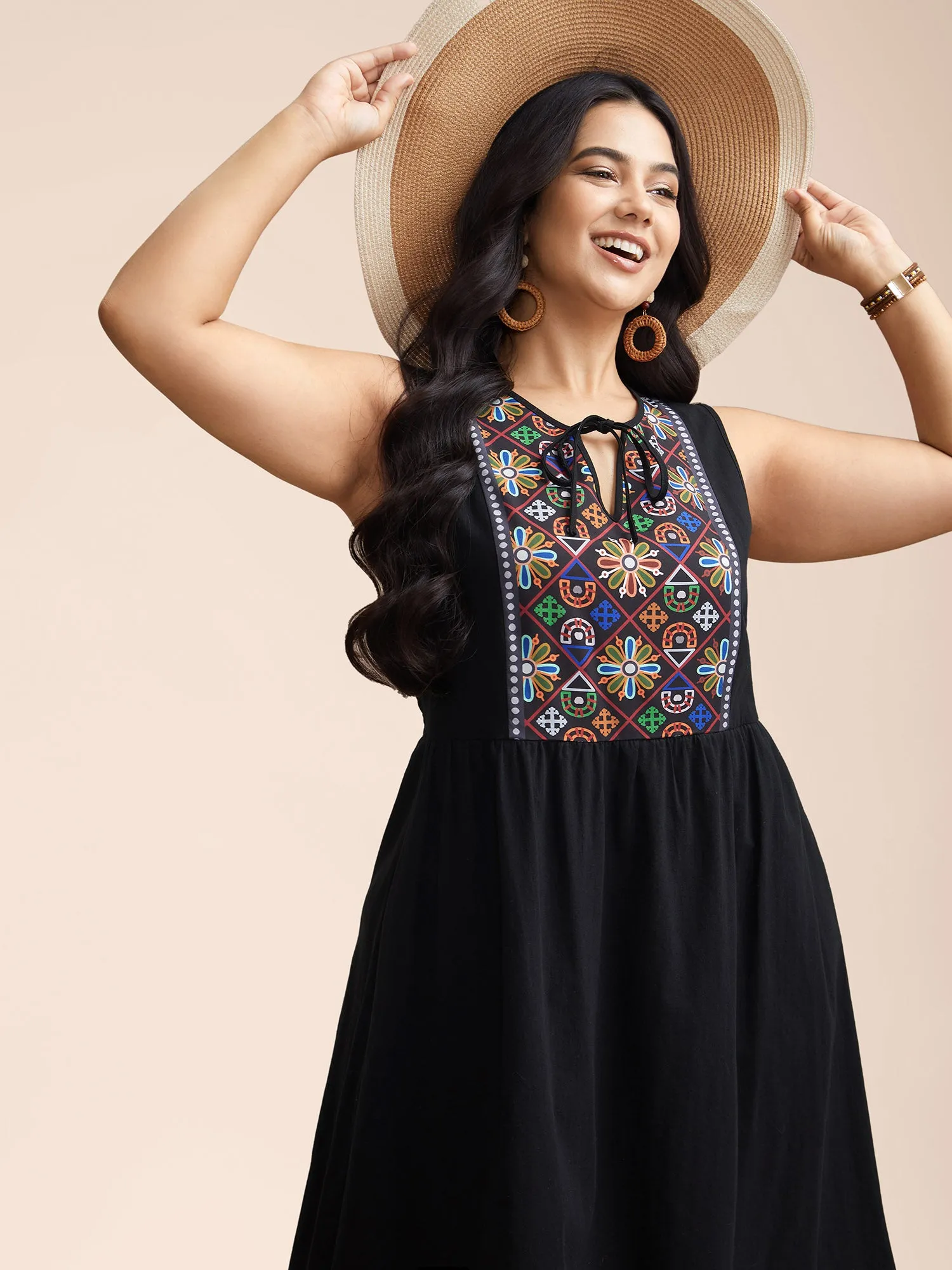 Cotton Boho Pattern Neck Tassels Midi Dress sold by Bloomchic