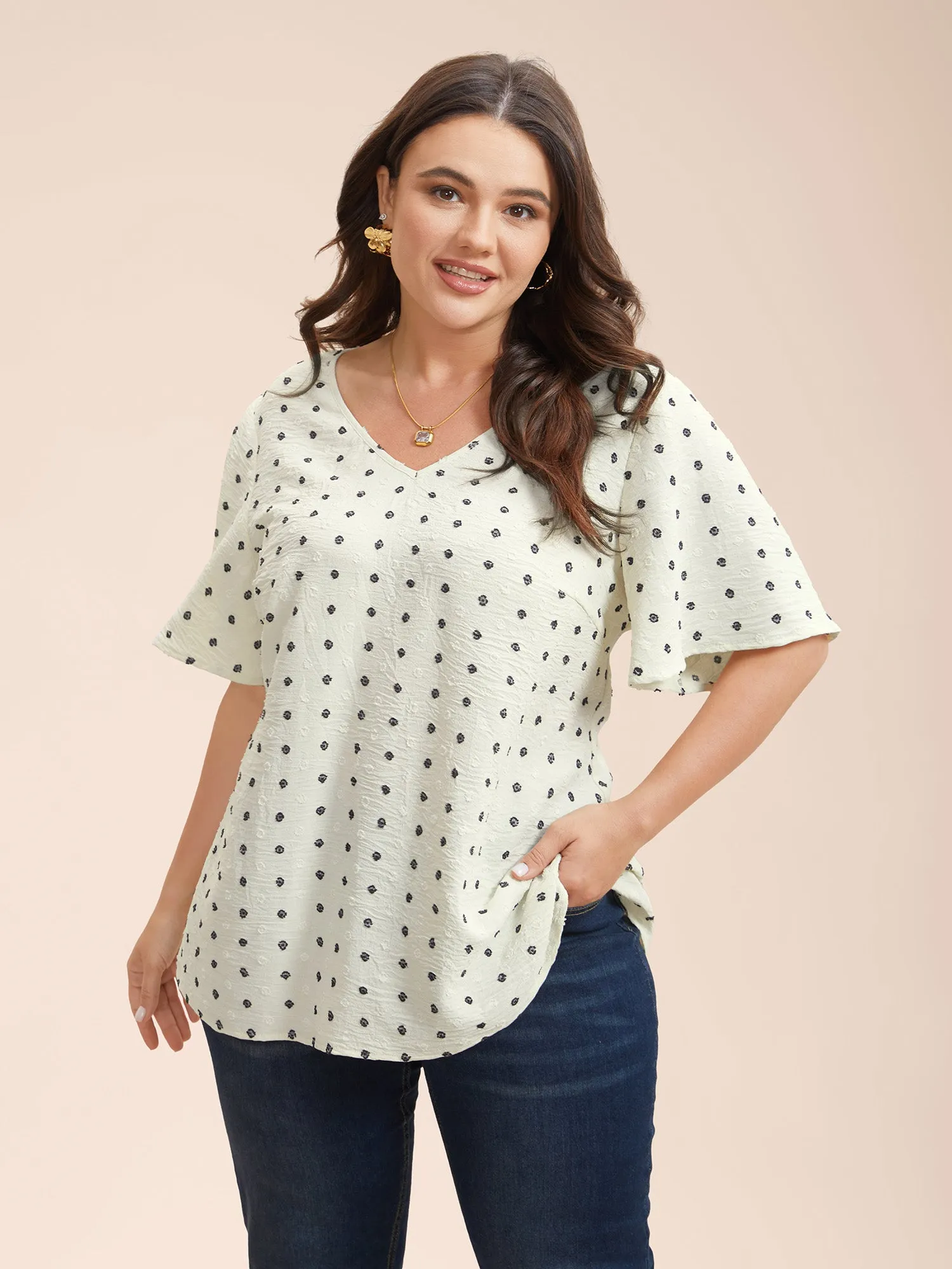 Textured Polka Dot Print Flared Sleeve Shirt sold by Bloomchic product image thumbnail 3