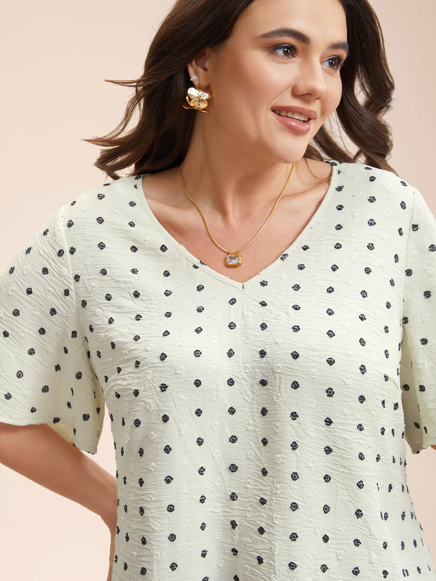 Textured Polka Dot Print Flared Sleeve Shirt sold by Bloomchic