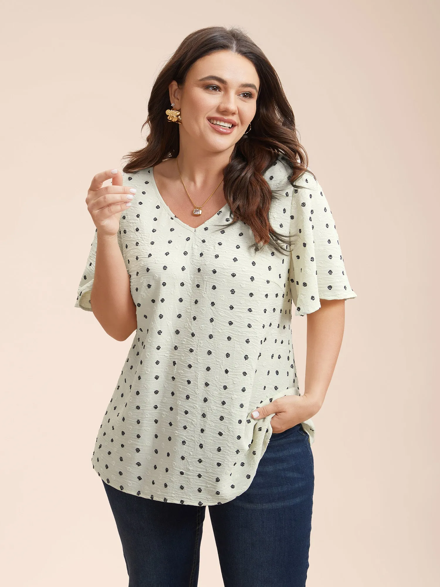 Textured Polka Dot Print Flared Sleeve Shirt sold by Bloomchic product image thumbnail 2