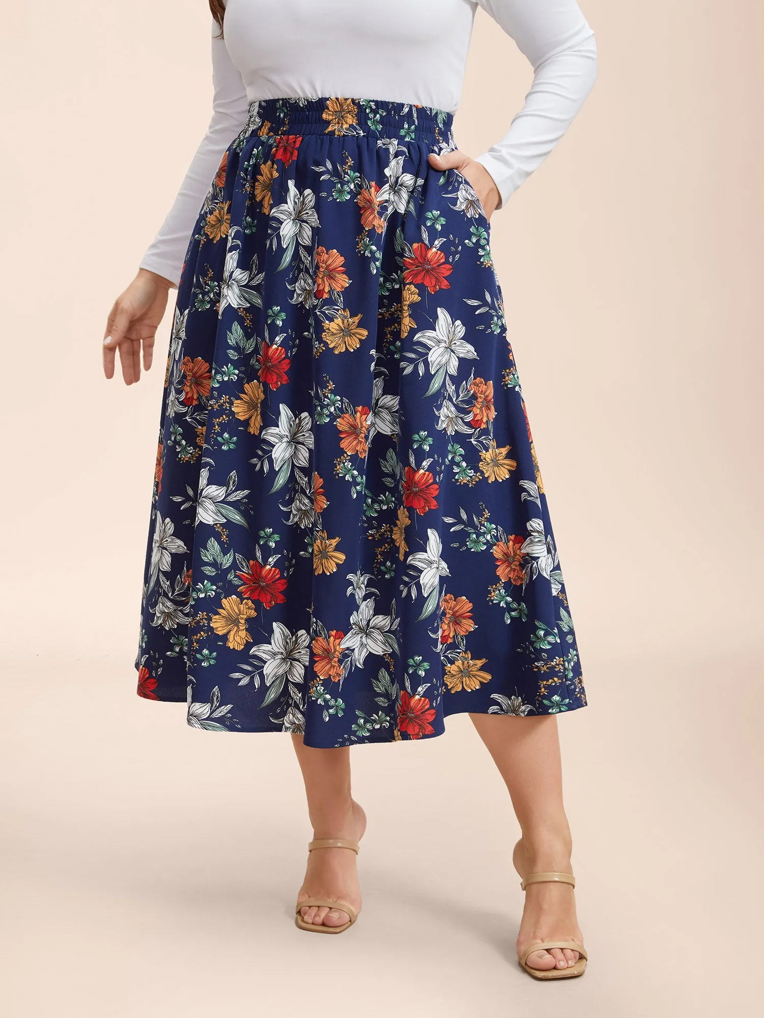 Floral Print Drawstring Pleated Midi Skirt sold by Bloomchic