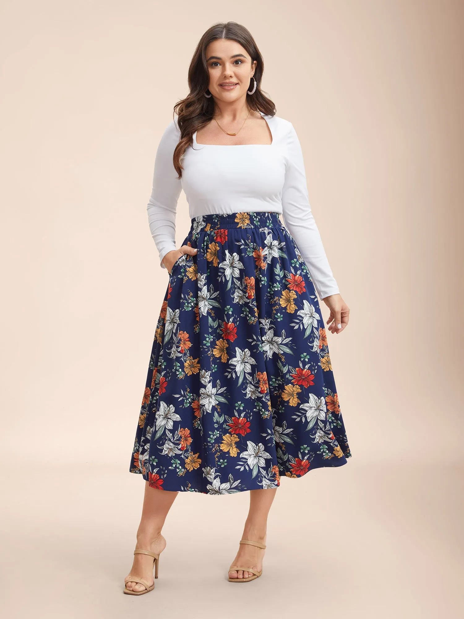 Floral Print Drawstring Pleated Midi Skirt sold by Bloomchic product image thumbnail 2