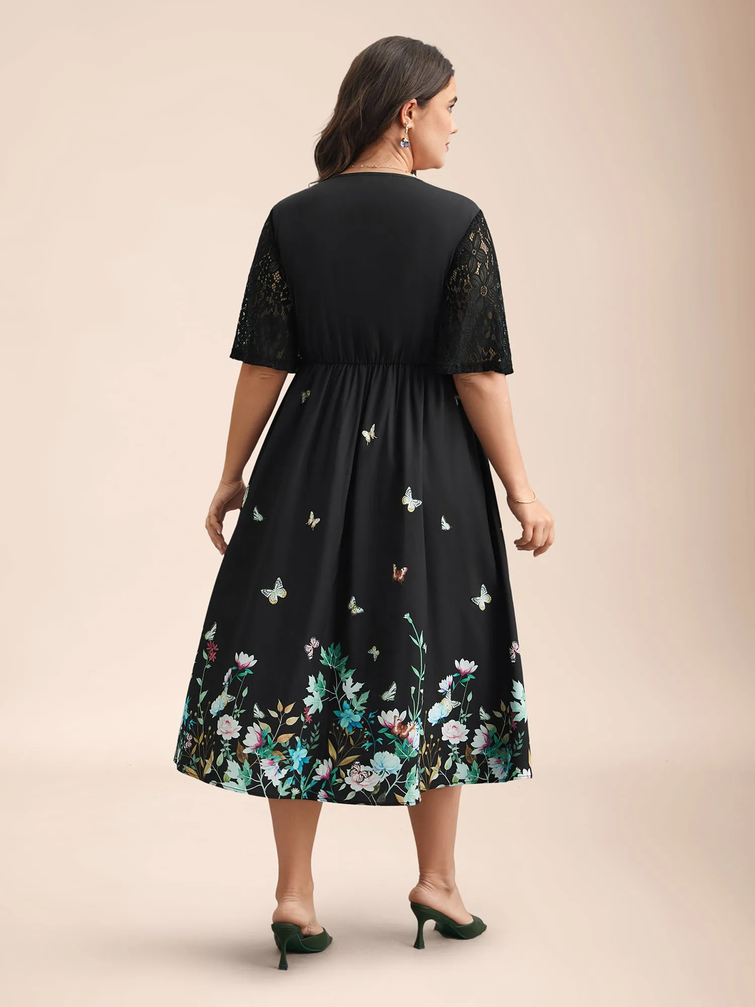 Gardenia Print Waist-Cinched Lace Midi Dress sold by Bloomchic product image thumbnail 5