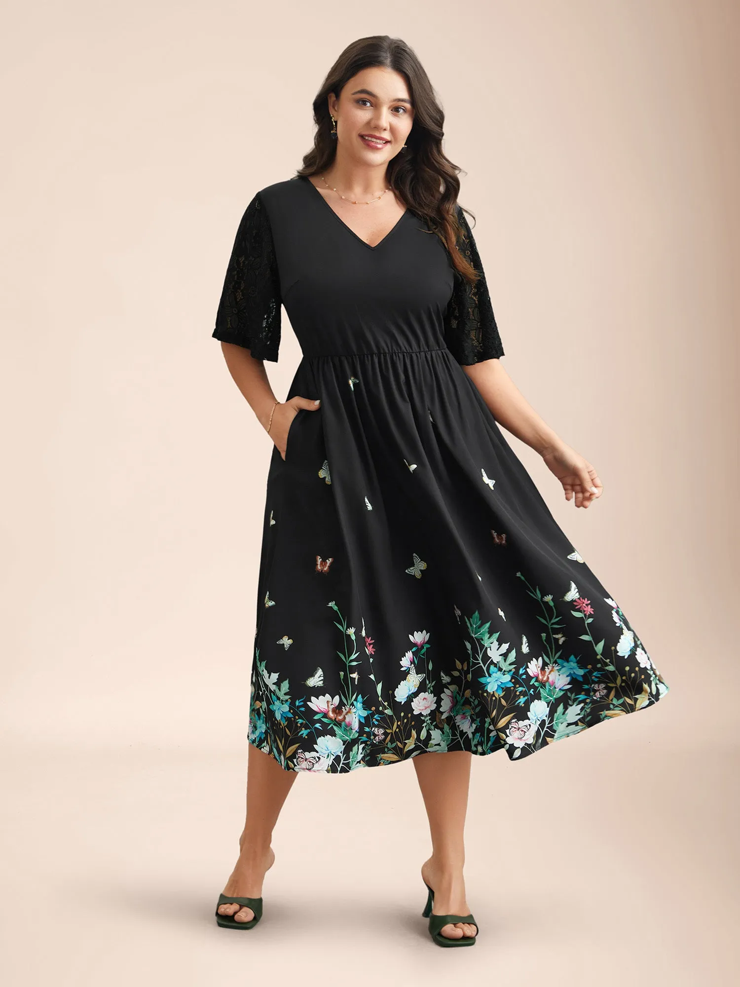 Gardenia Print Waist-Cinched Lace Midi Dress sold by Bloomchic product image thumbnail 4