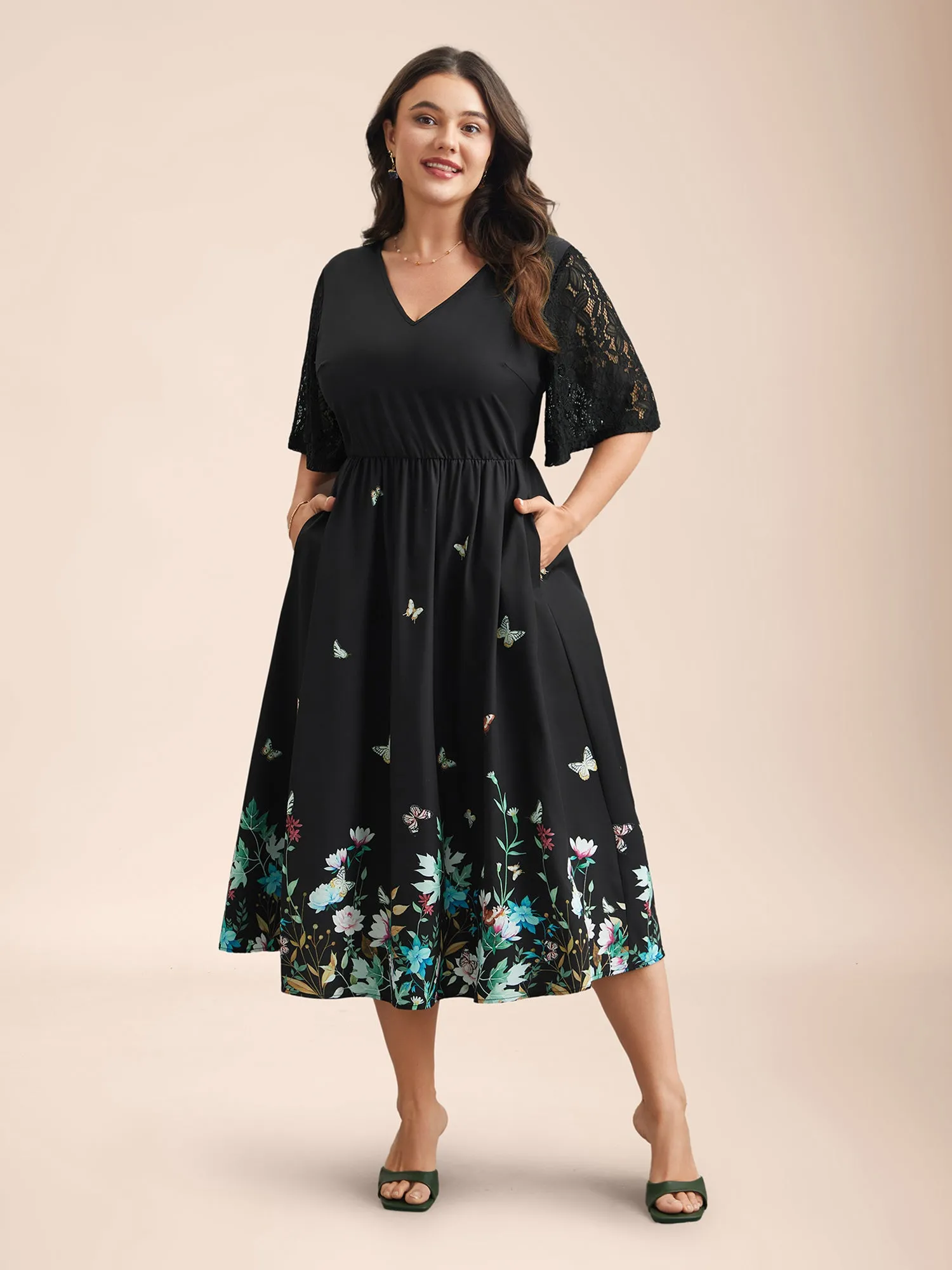 Gardenia Print Waist-Cinched Lace Midi Dress sold by Bloomchic product image thumbnail 3