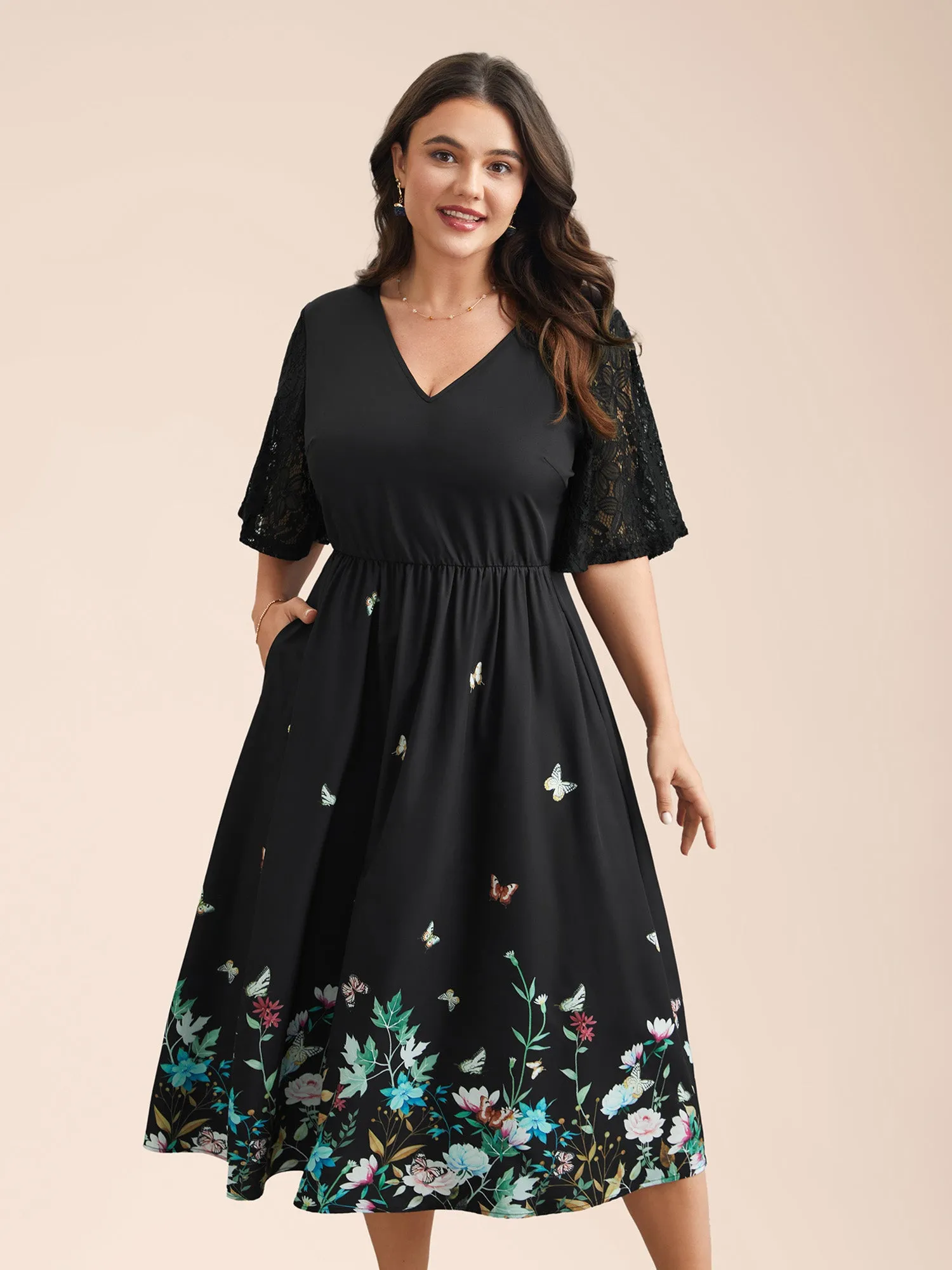 Gardenia Print Waist-Cinched Lace Midi Dress sold by Bloomchic
