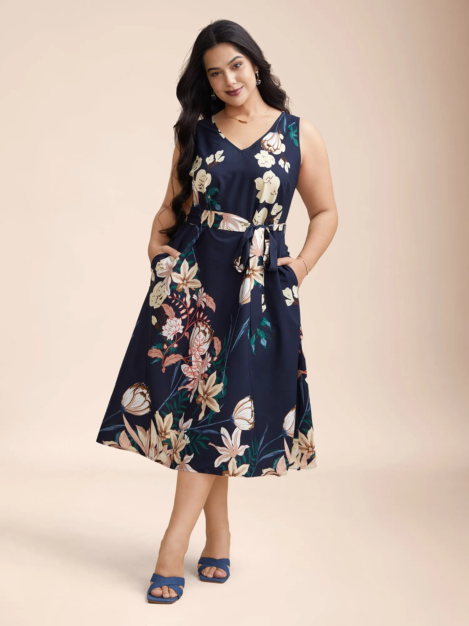 Floral Print V Neck Pockets Midi Dress sold by Bloomchic