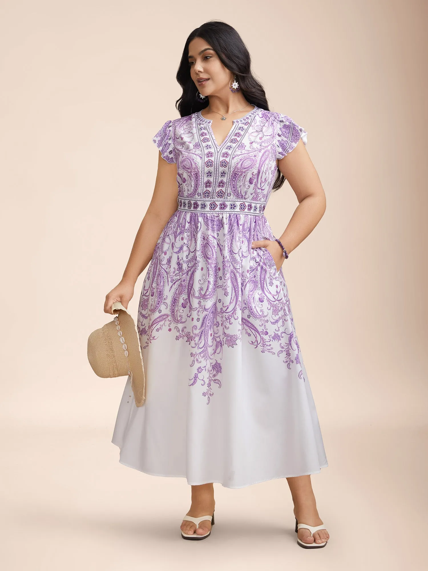 Paisley Print Notched Collar Ruffled Midi Dress sold by Bloomchic product image thumbnail 2