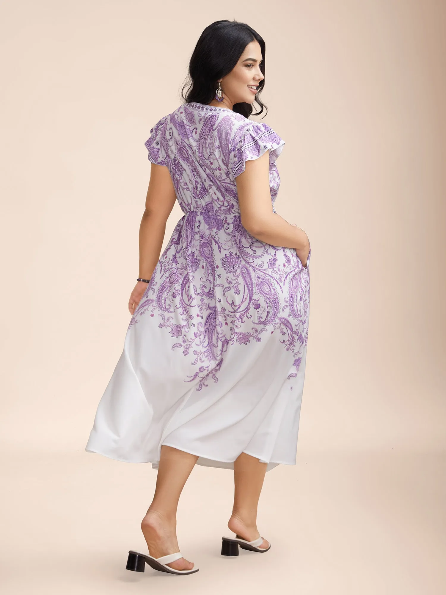 Paisley Print Notched Collar Ruffled Midi Dress sold by Bloomchic product image thumbnail 4