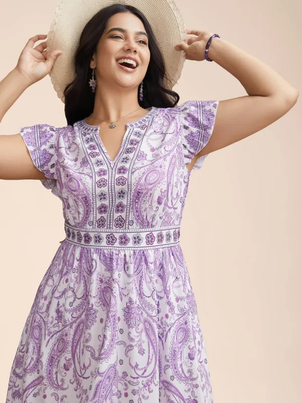 Paisley Print Notched Collar Ruffled Midi Dress sold by Bloomchic