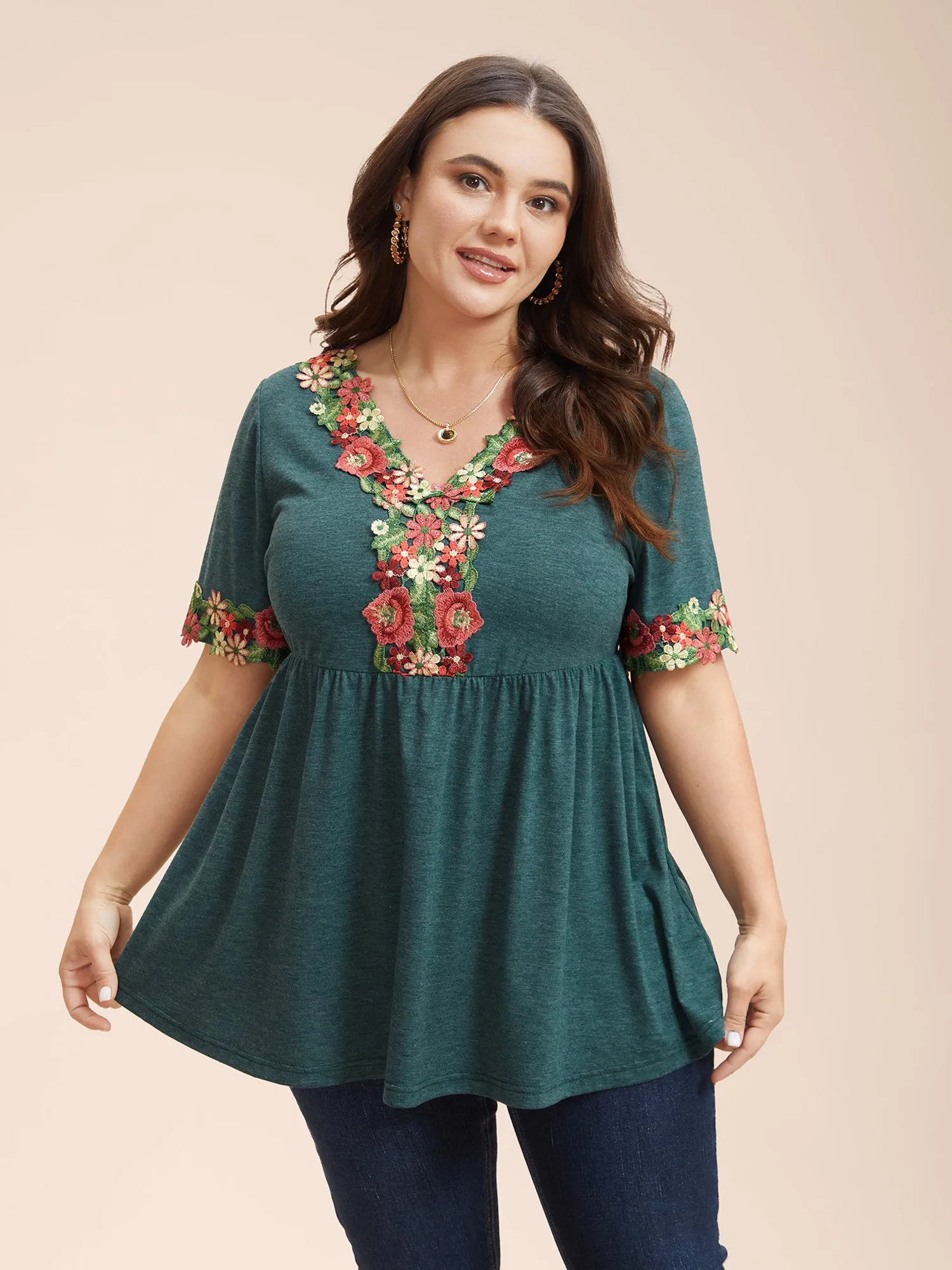 Floral Neckline Stretchy Pleated Top sold by Bloomchic