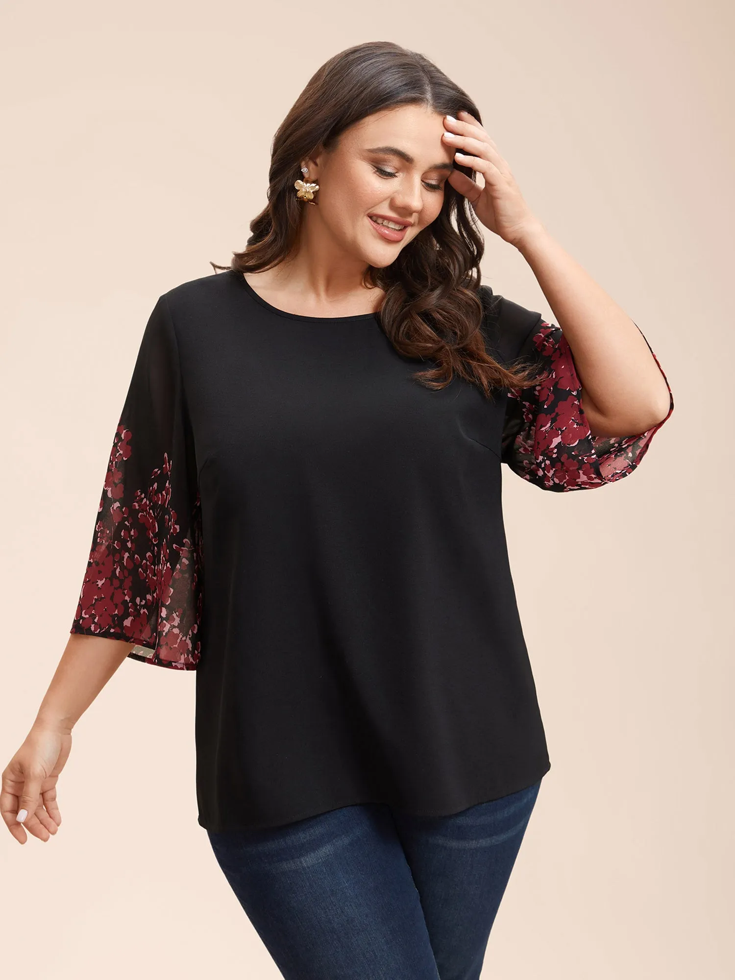 Floral Spliced Round Neck Blouse sold by Bloomchic