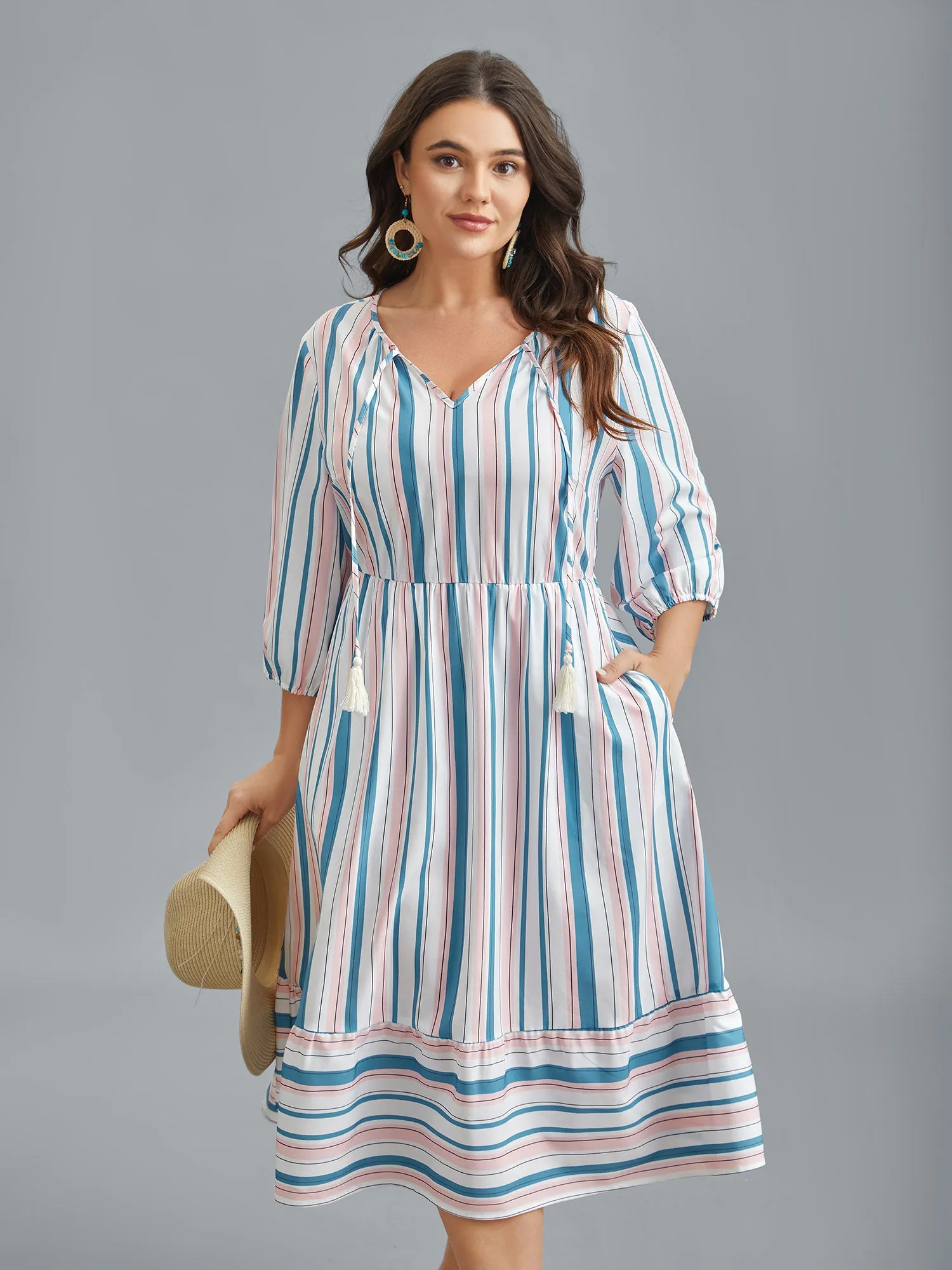 Stretchy Striped Tassels Tiered Midi Dress sold by Bloomchic
