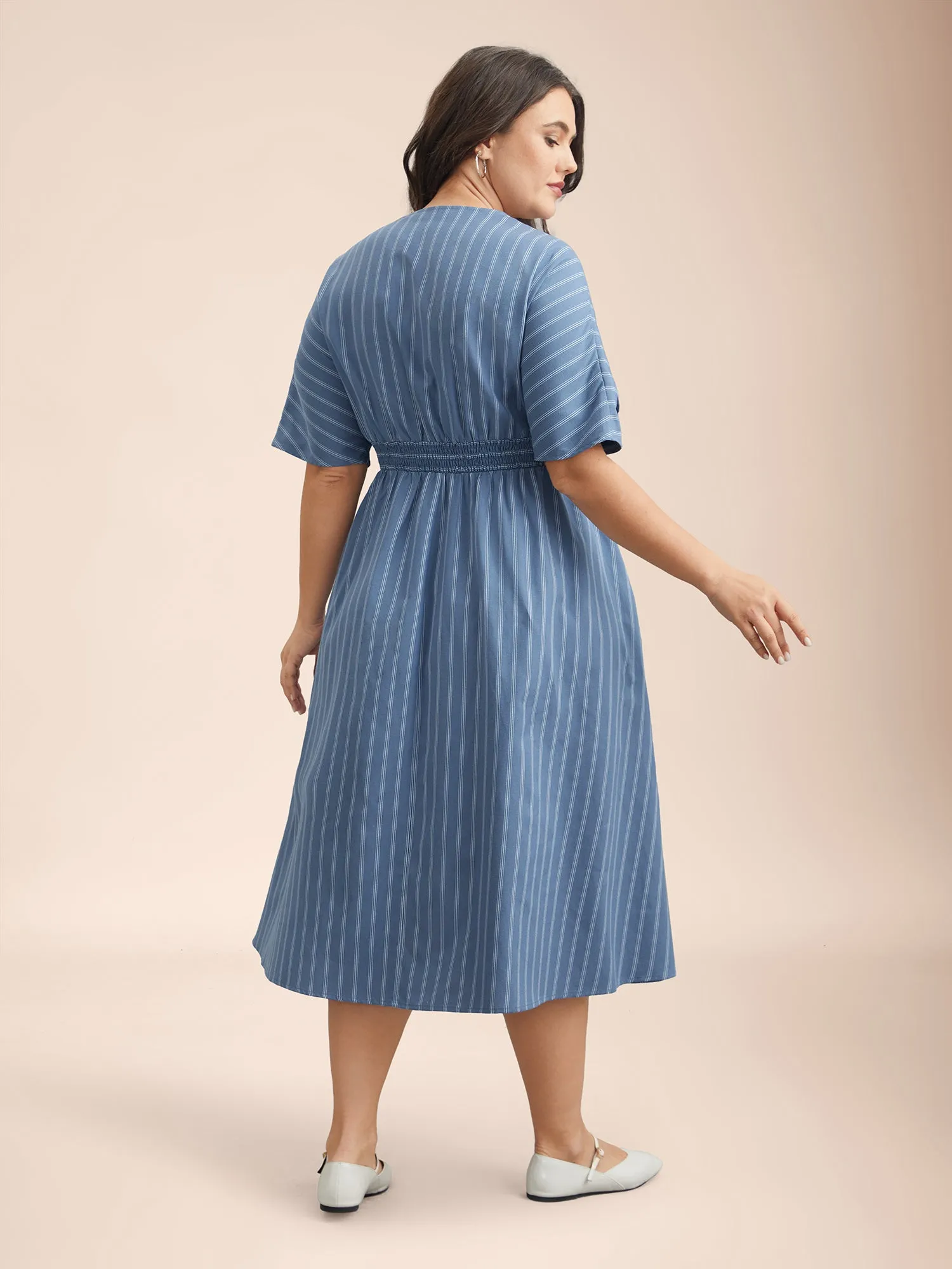 Striped Surplice Neckline Shirred Midi Dress sold by Bloomchic product image thumbnail 4