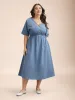 Striped Surplice Neckline Shirred Midi Dress sold by Bloomchic