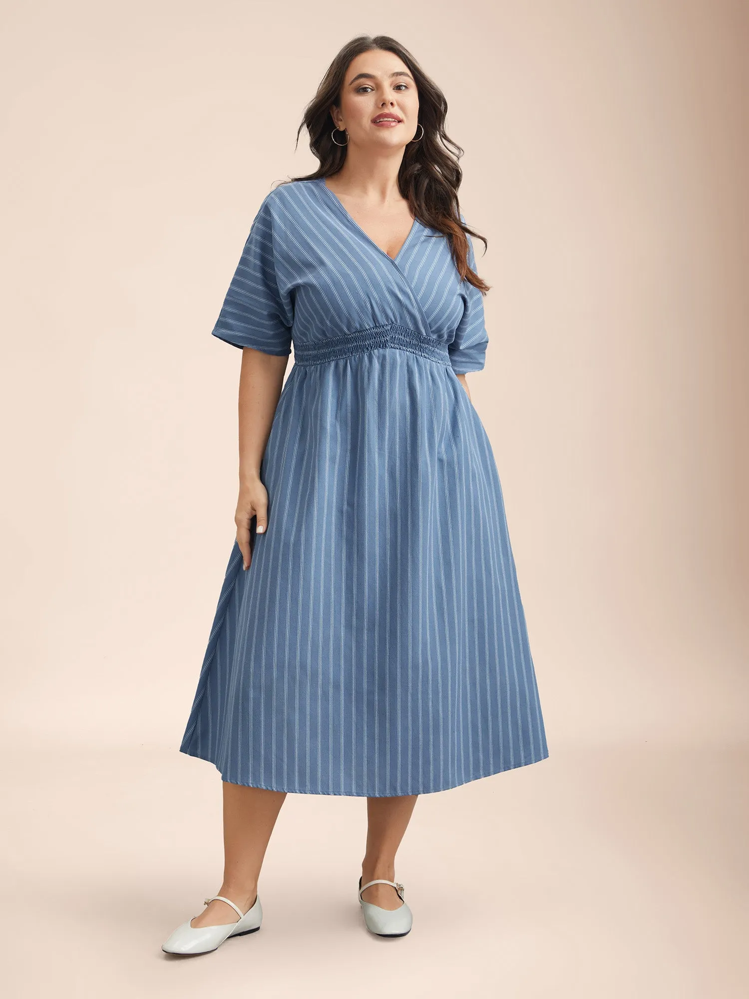 Striped Surplice Neckline Shirred Midi Dress sold by Bloomchic product image thumbnail 2