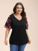 Stretchy Floral Lotus Sleeve V-Neck T-Shirt sold by Bloomchic