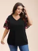 Stretchy Floral Lotus Sleeve V-Neck T-Shirt sold by Bloomchic