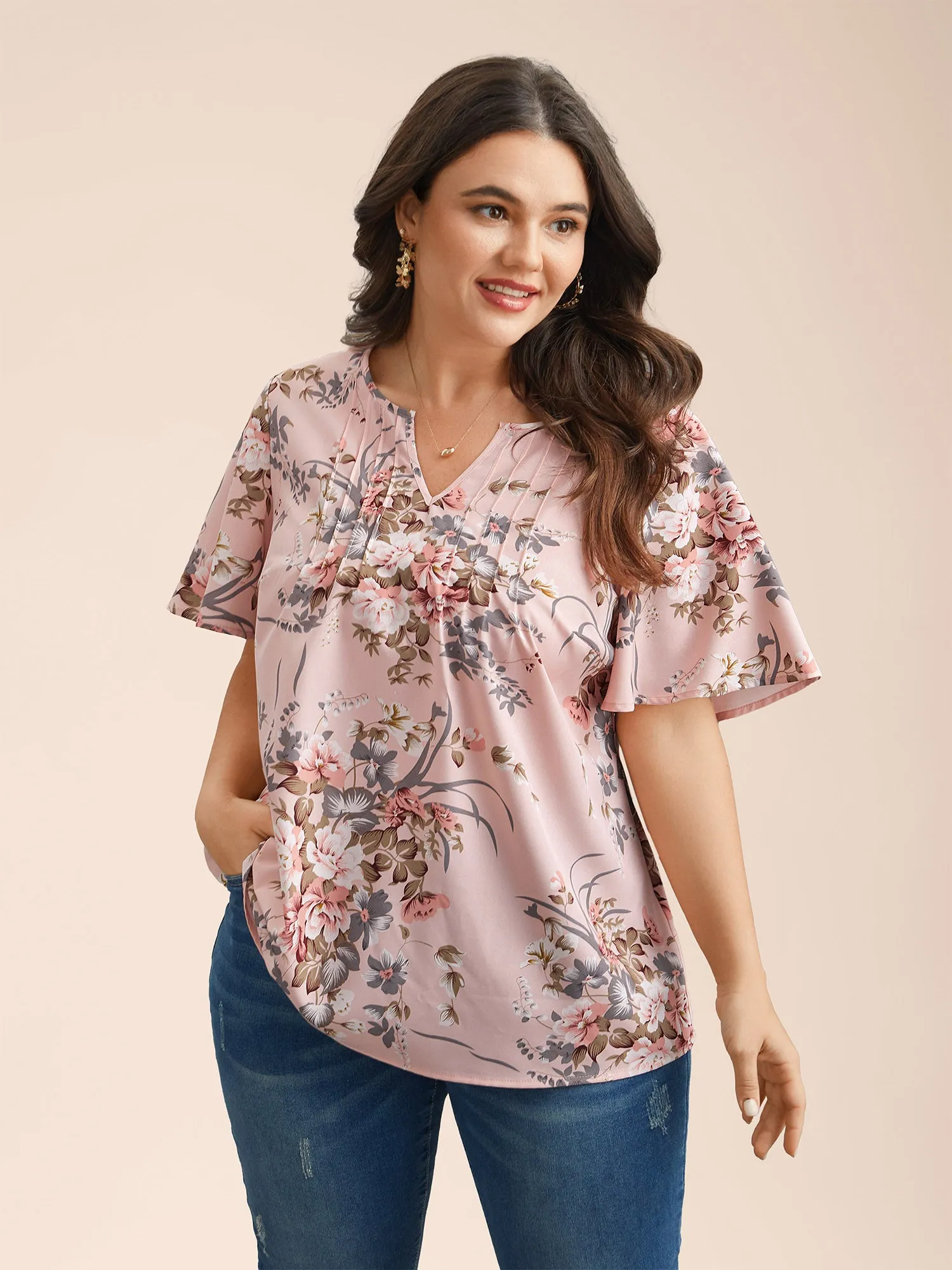 Spring Pattern Neck Cut-Out Pleated Shirt sold by Bloomchic product image thumbnail 3