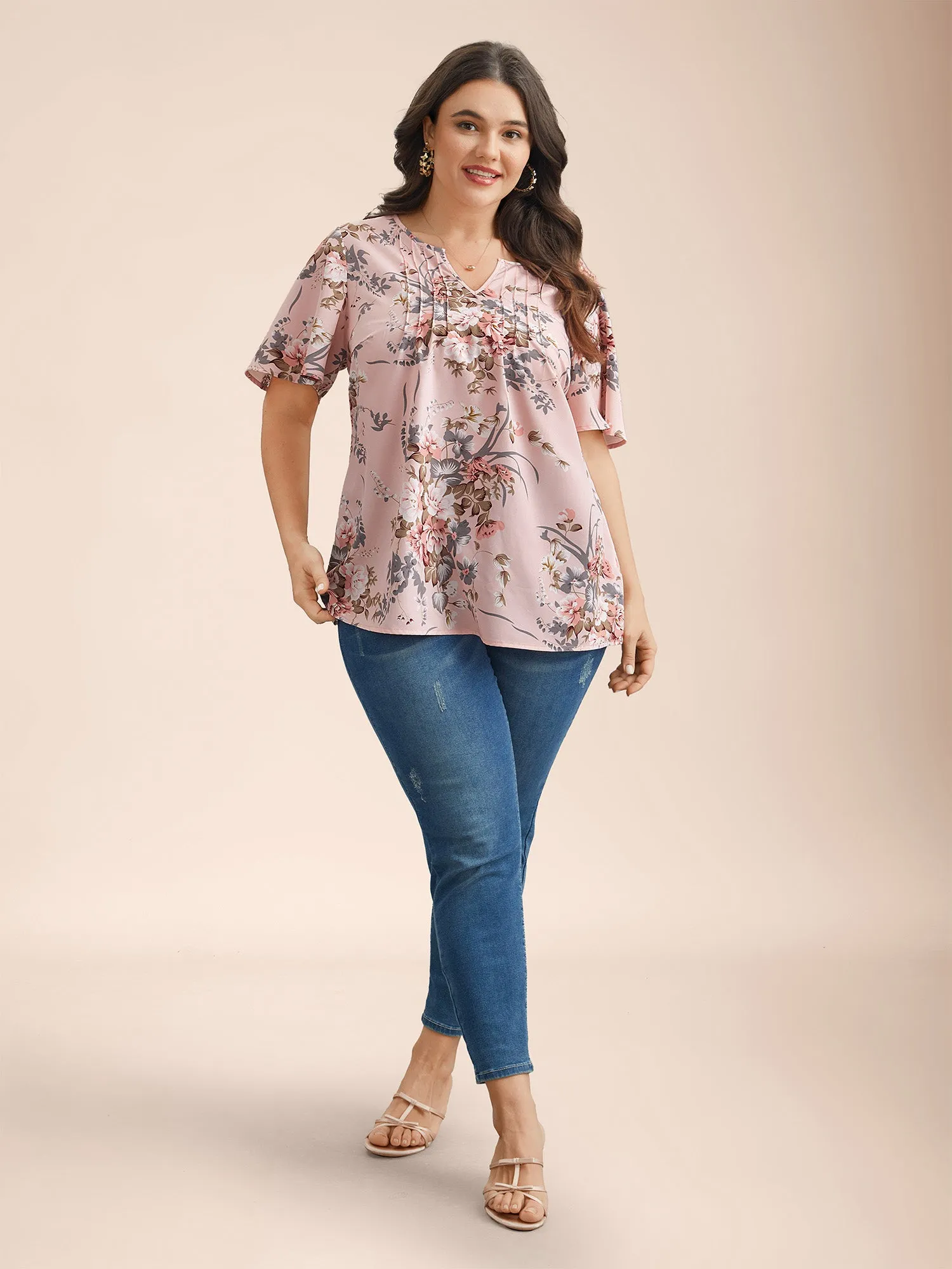 Spring Pattern Neck Cut-Out Pleated Shirt sold by Bloomchic product image thumbnail 2