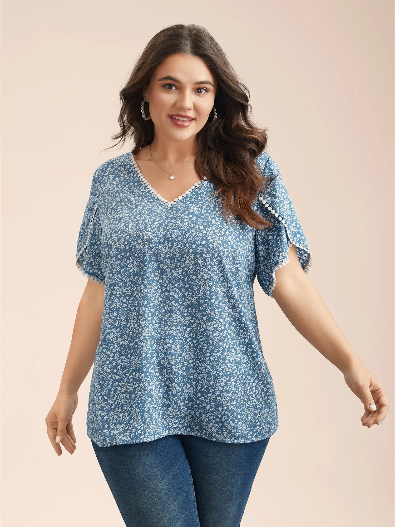 Petal Sleeve Floral Lace Spliced Shirt sold by Bloomchic product image thumbnail 3