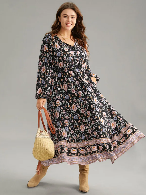 Boho Print Lantern Sleeve Elastic Waist Dress sold by Bloomchic