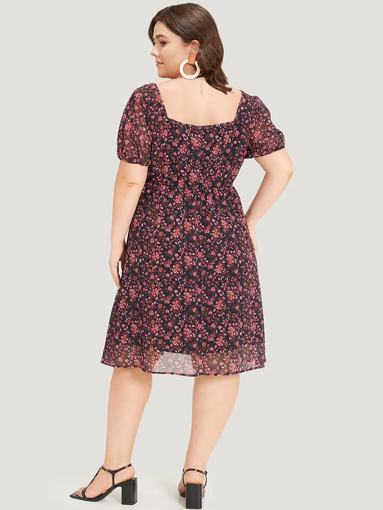 Ditsy Floral Mesh Elastic Waist Puff Sleeve Dress sold by Bloomchic product image thumbnail 2