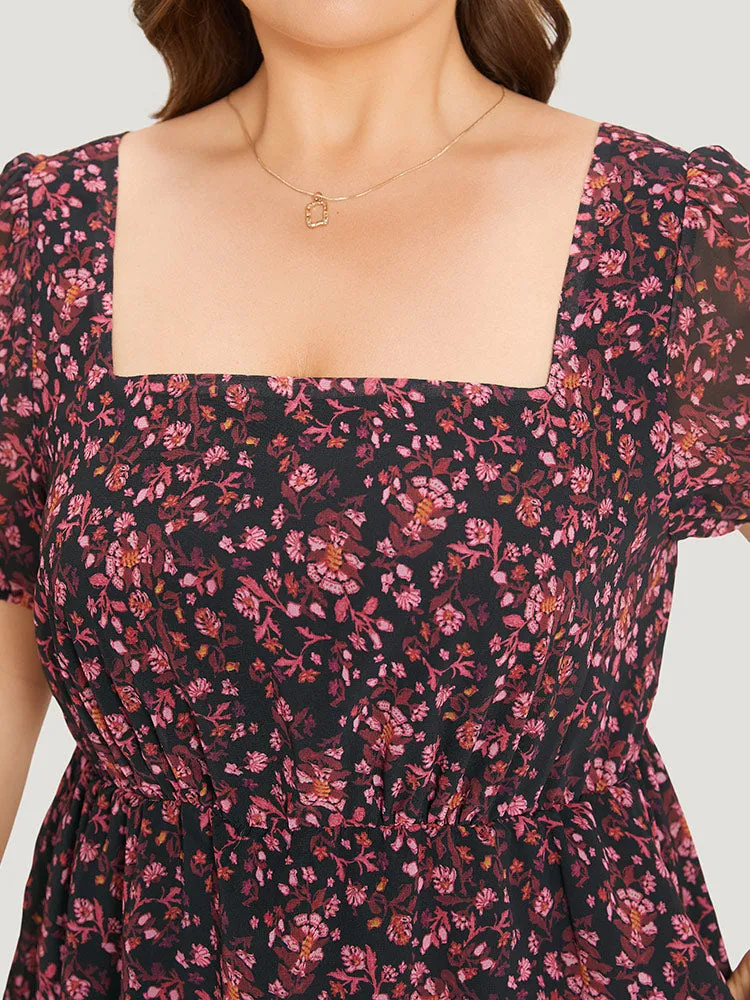 Ditsy Floral Mesh Elastic Waist Puff Sleeve Dress sold by Bloomchic product image thumbnail 5