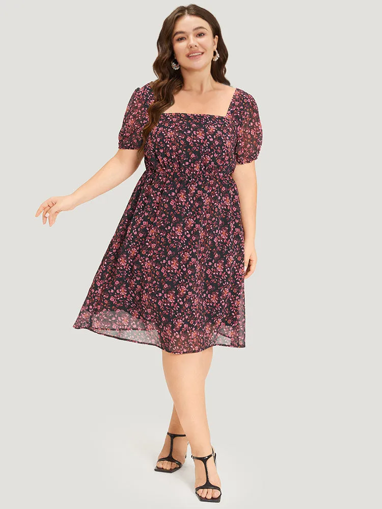 Ditsy Floral Mesh Elastic Waist Puff Sleeve Dress sold by Bloomchic