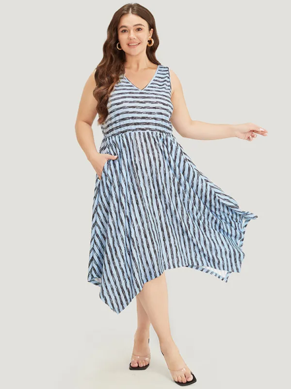 Striped Print Hanky Hem Pocket V Neck Tank Dress sold by Bloomchic