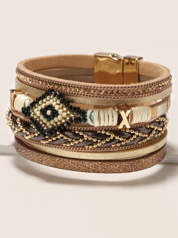 Multi Layer Beads Wide Buckle Wristband Bracelet sold by Bloomchic