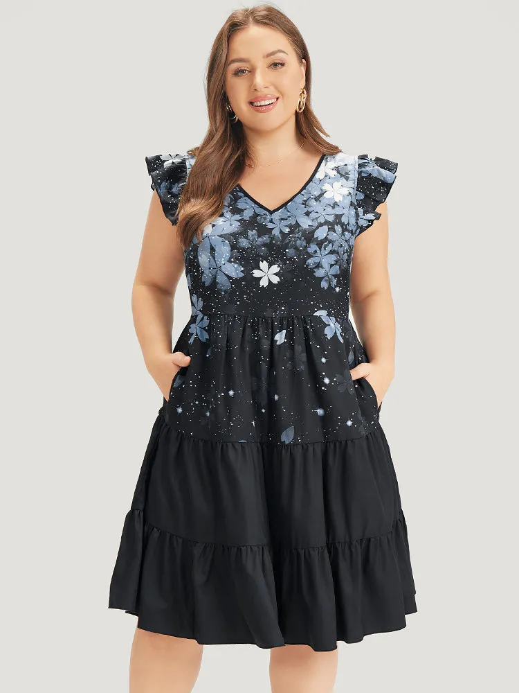 Pixel Flower Pocket Cap Sleeve Layered Hem Dress sold by Bloomchic product image thumbnail 3