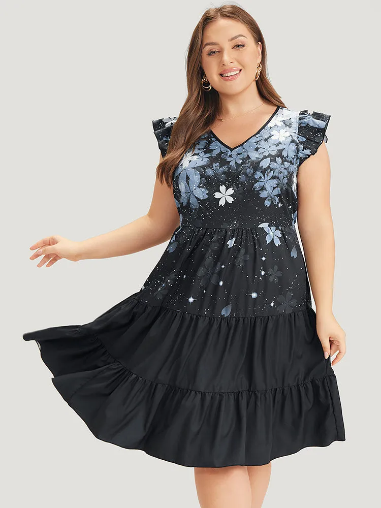 Pixel Flower Pocket Cap Sleeve Layered Hem Dress sold by Bloomchic