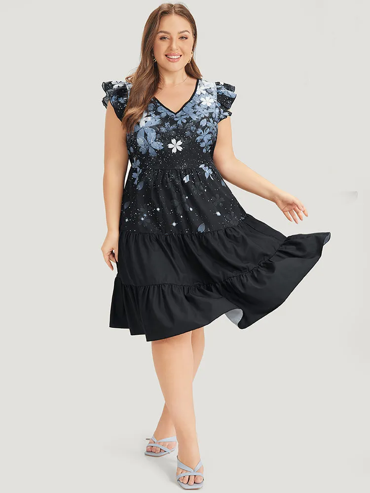 Pixel Flower Pocket Cap Sleeve Layered Hem Dress sold by Bloomchic product image thumbnail 2