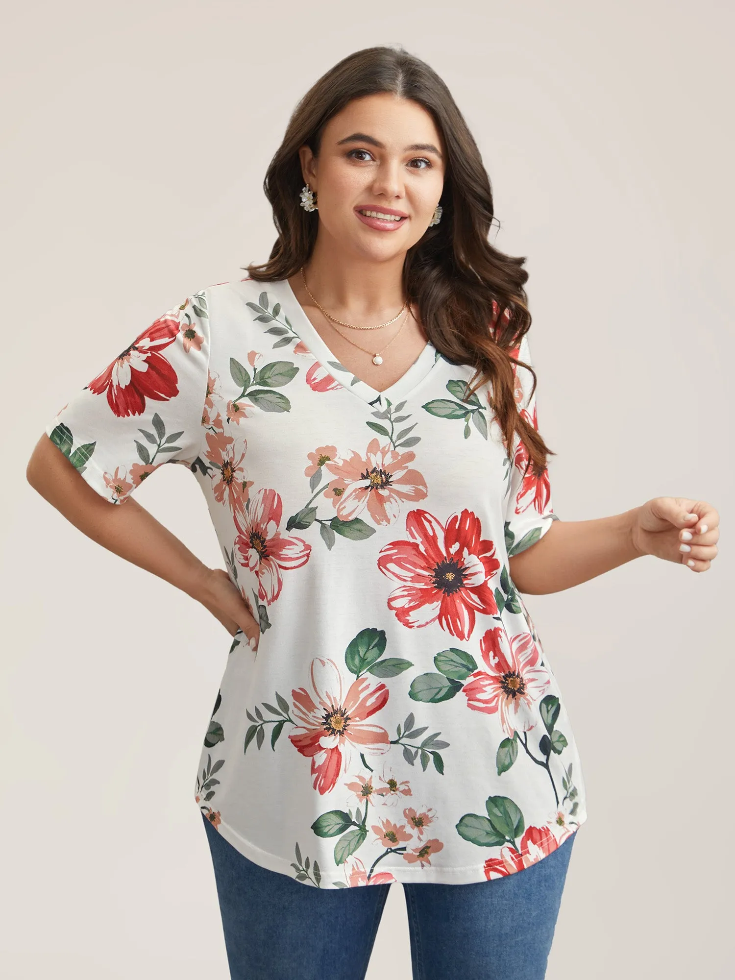 Multi-Color Floral Print V-Neck T-Shirt sold by Bloomchic product image thumbnail 2