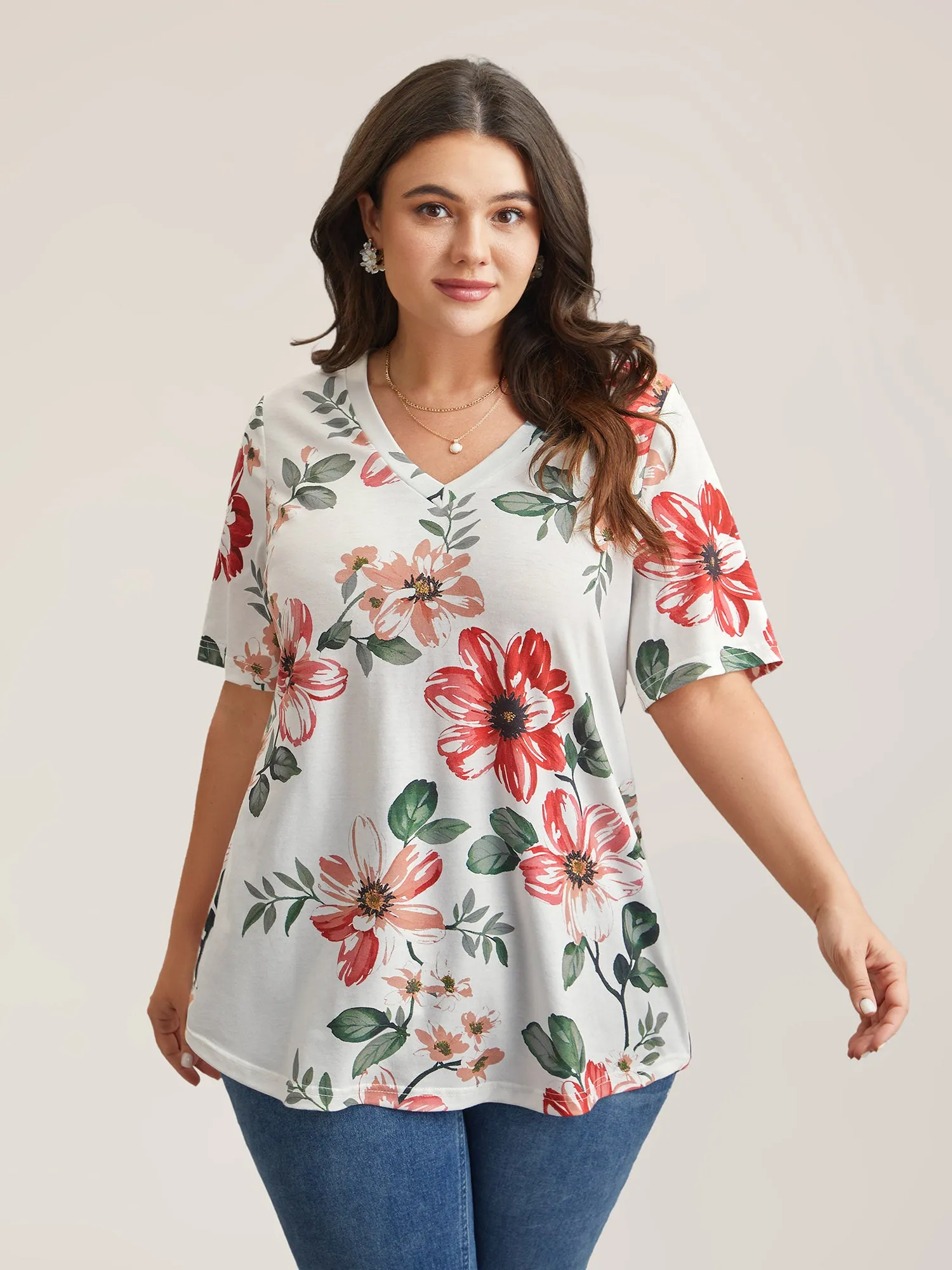 Multi-Color Floral Print V-Neck T-Shirt sold by Bloomchic product image thumbnail 4
