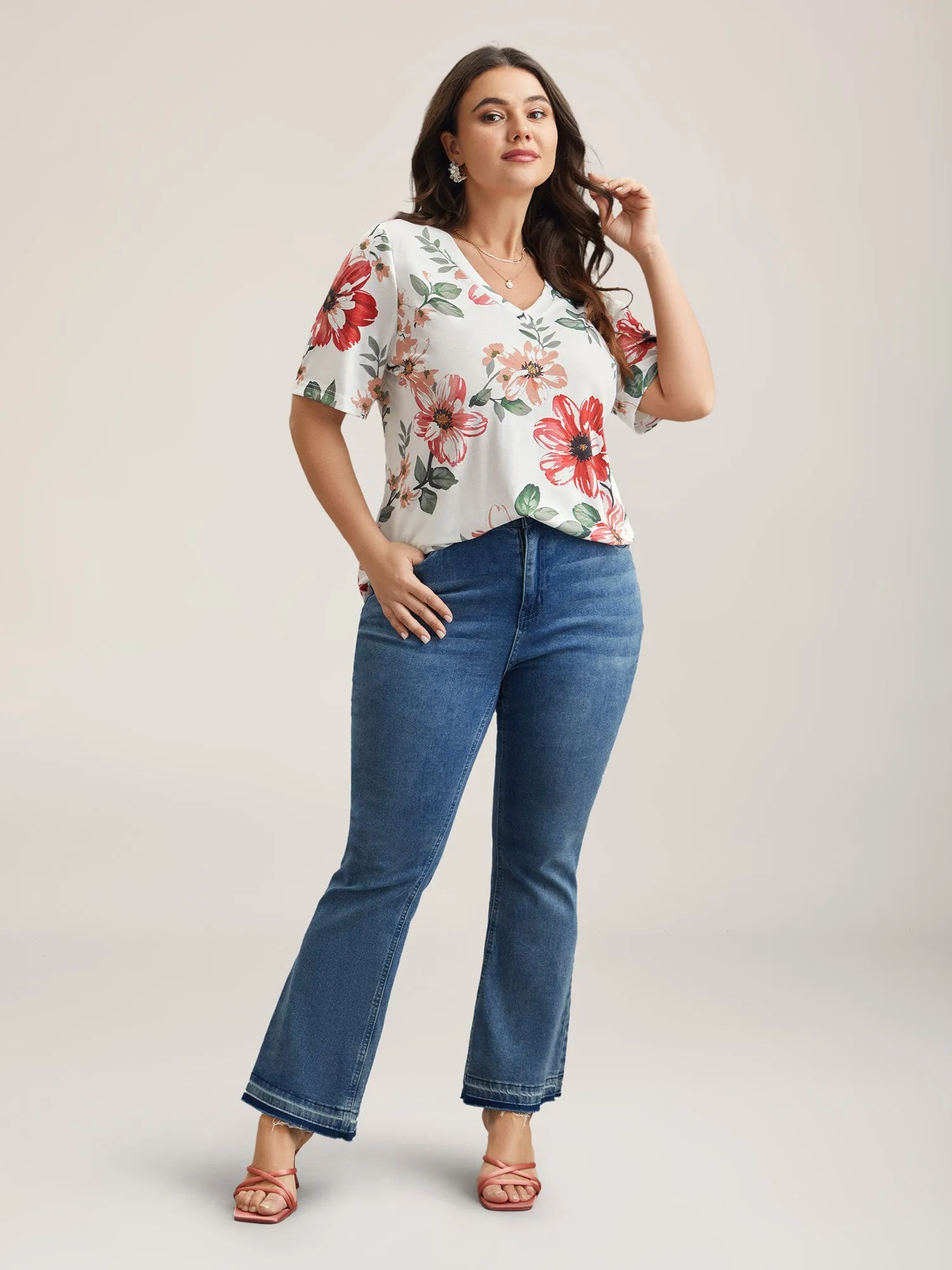 Multi-Color Floral Print V-Neck T-Shirt sold by Bloomchic product image thumbnail 3