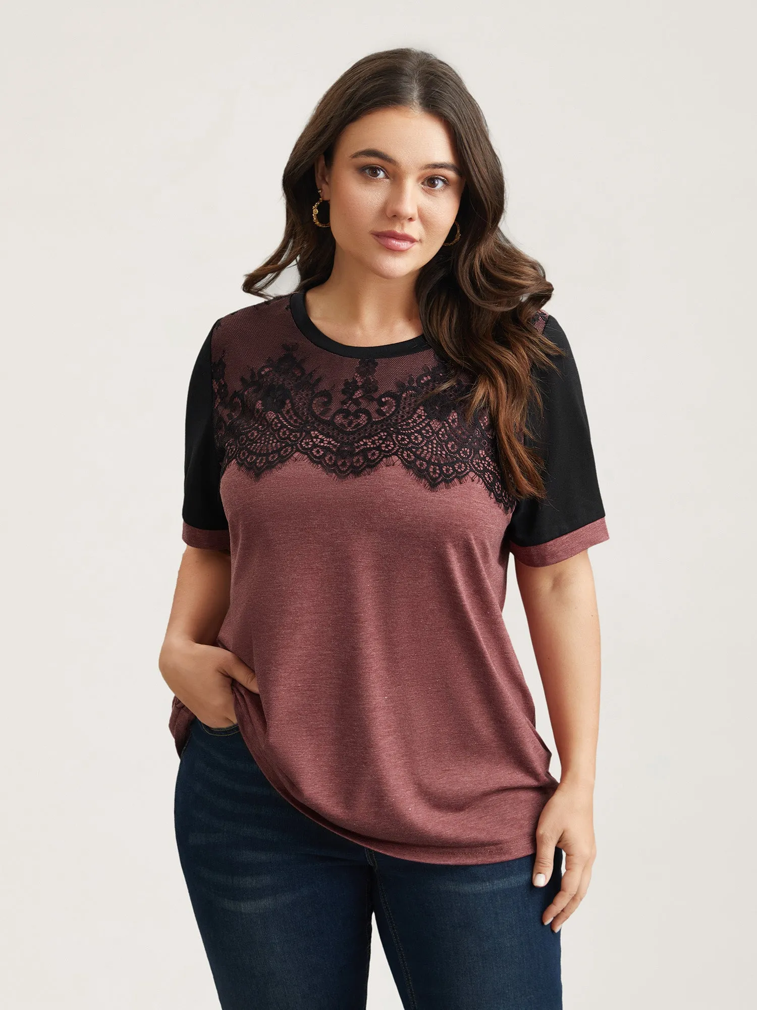 Stretchy Scalloped Lace Color Contrast T-Shirt sold by Bloomchic