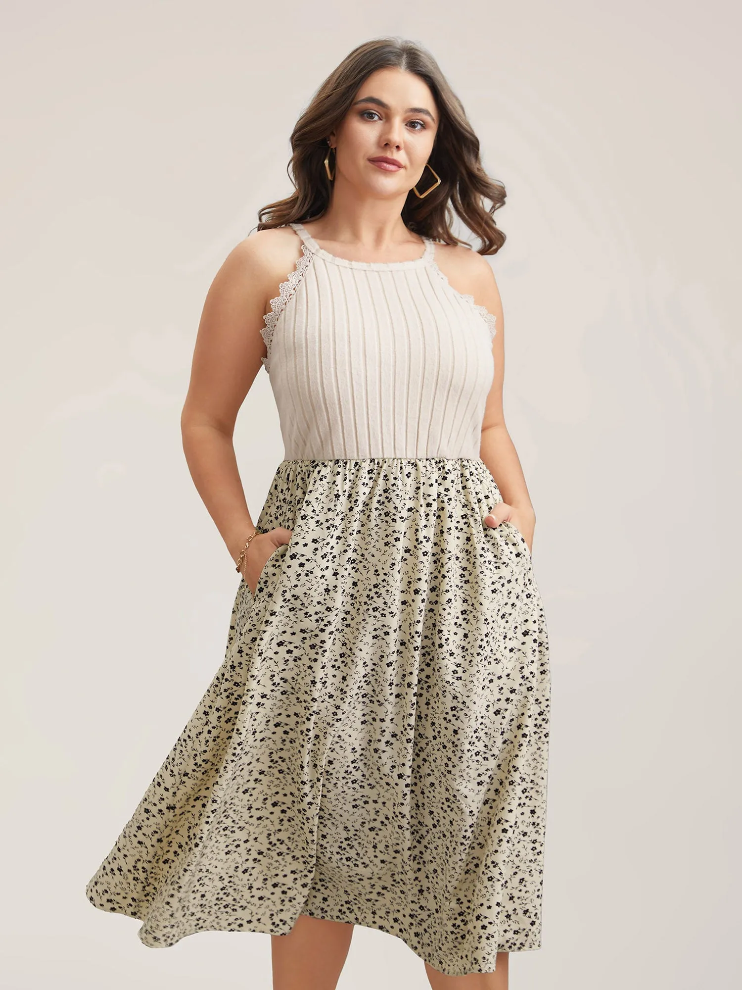 Ditsy Floral Print Ribbed Midi Dress sold by Bloomchic