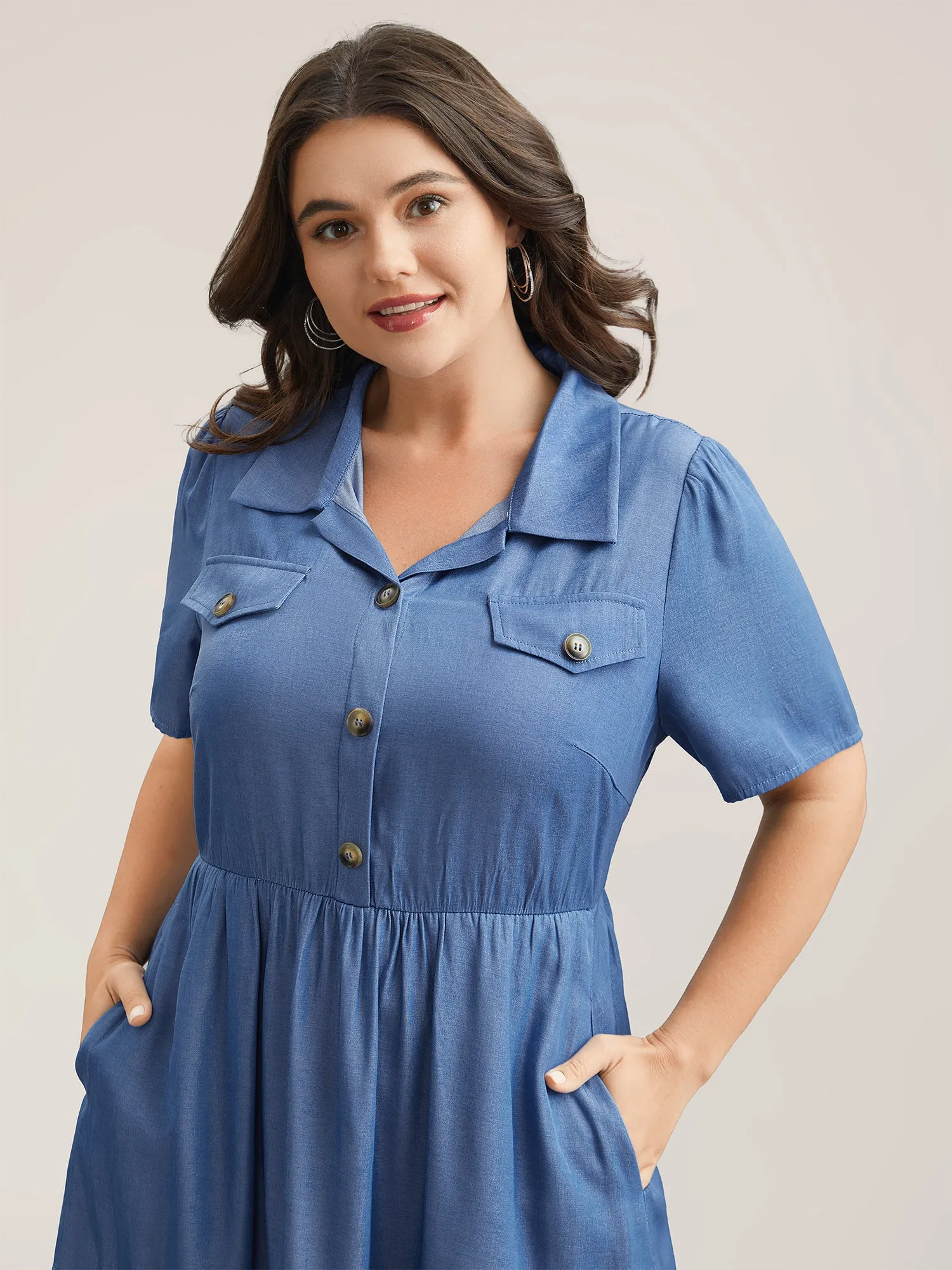 Fake Denim Stretchy-Waist Placket Midi Dress sold by Bloomchic