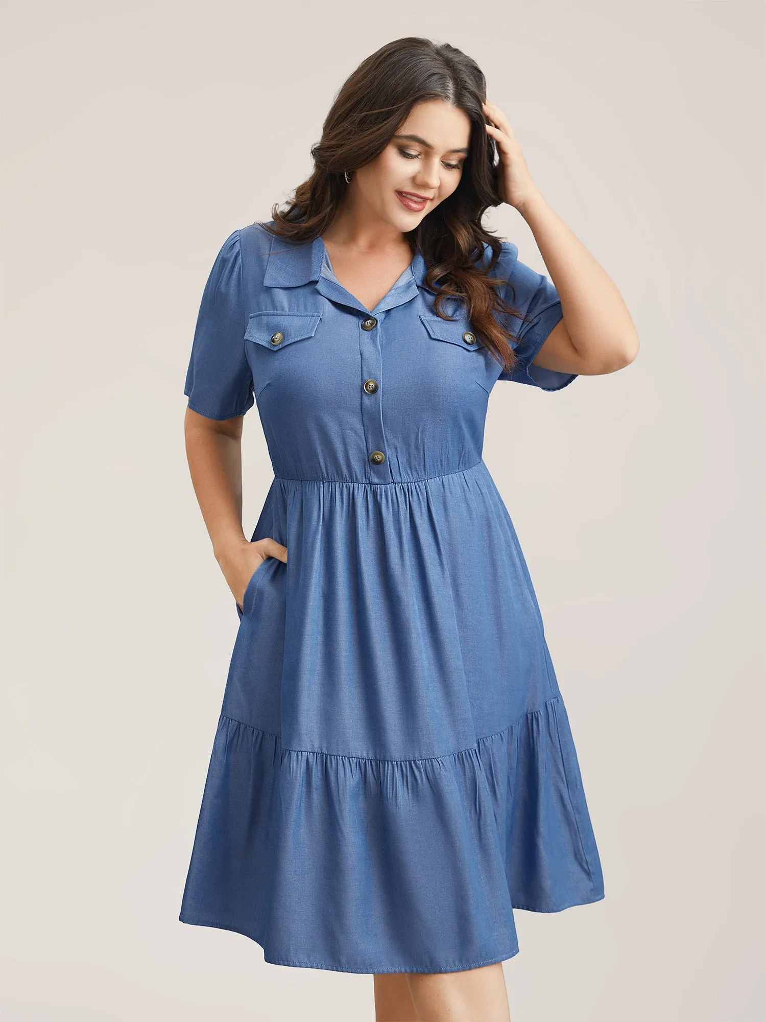Fake Denim Stretchy-Waist Placket Midi Dress sold by Bloomchic product image thumbnail 3