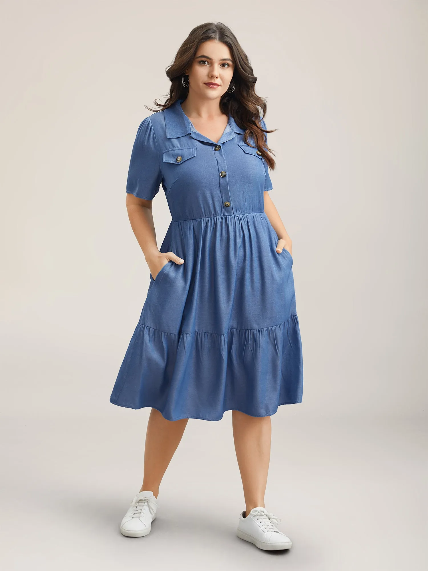 Fake Denim Stretchy-Waist Placket Midi Dress sold by Bloomchic product image thumbnail 2
