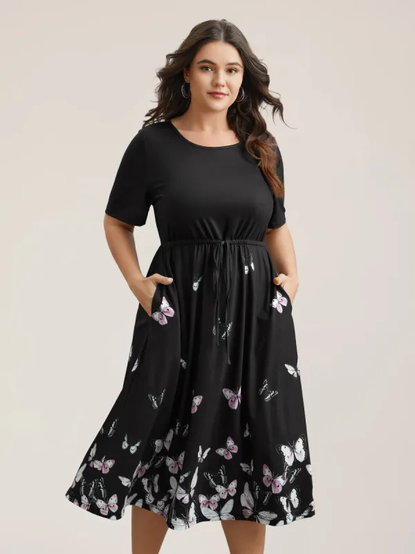 Butterfly Print Waist-Tie Midi Dress sold by Bloomchic