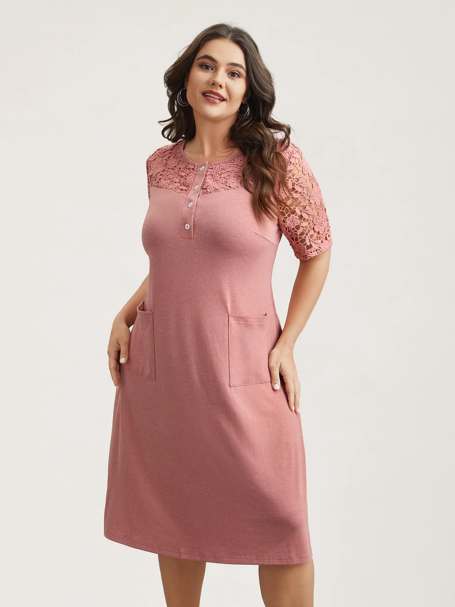 Sheer Lace Placket Pockets Midi Dress sold by Bloomchic product image thumbnail 2
