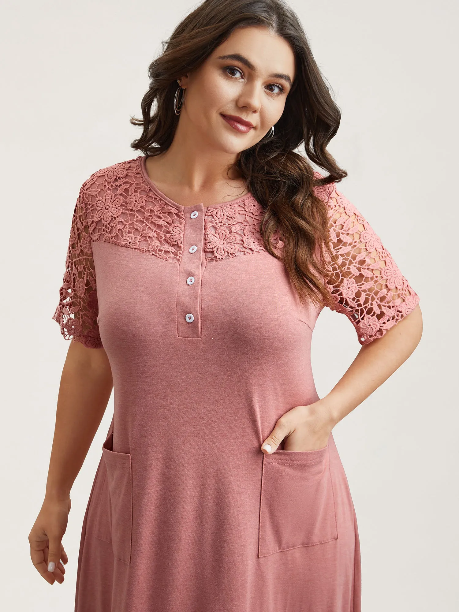 Sheer Lace Placket Pockets Midi Dress sold by Bloomchic product image thumbnail 3