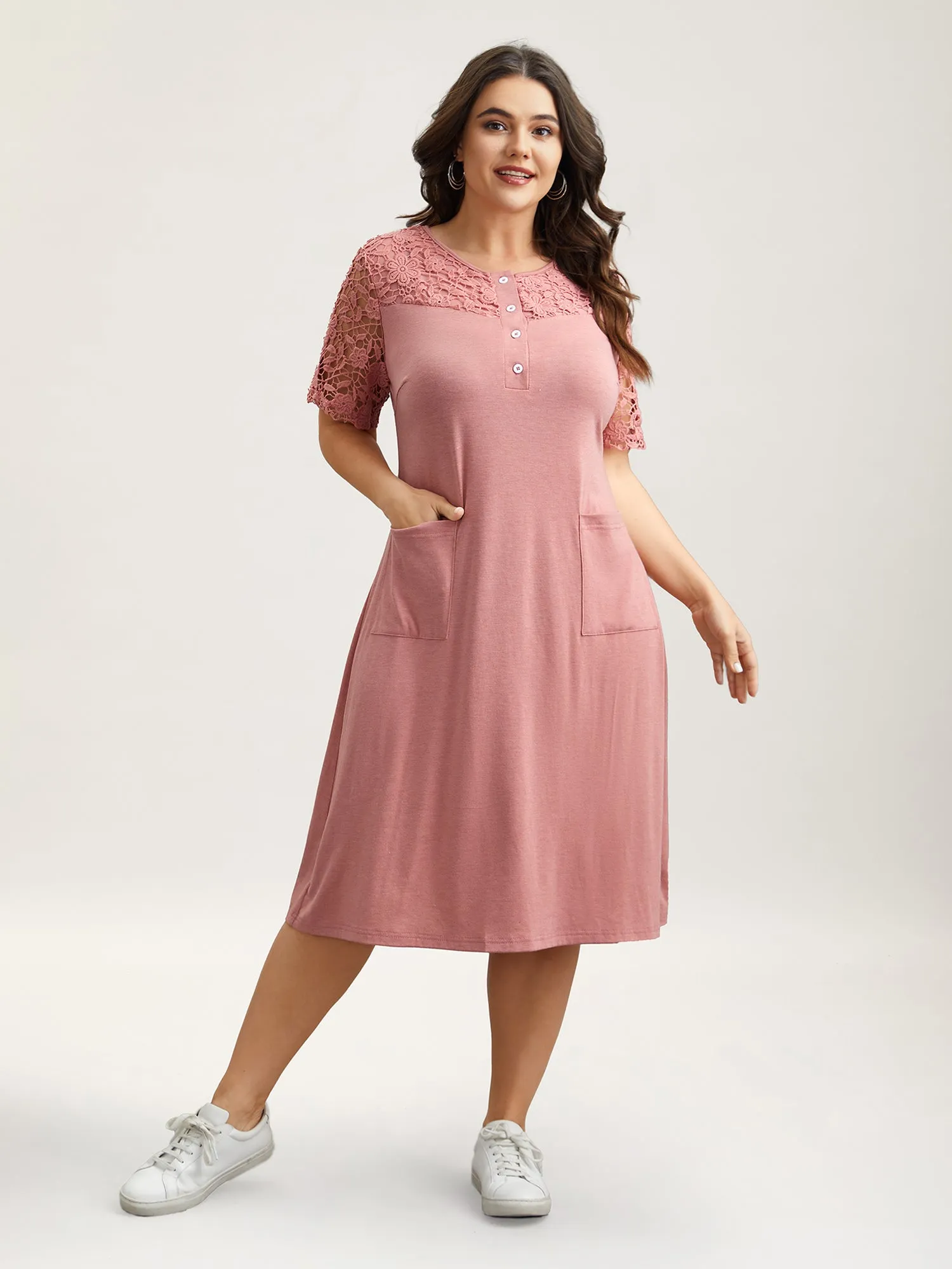 Sheer Lace Placket Pockets Midi Dress sold by Bloomchic product image thumbnail 4