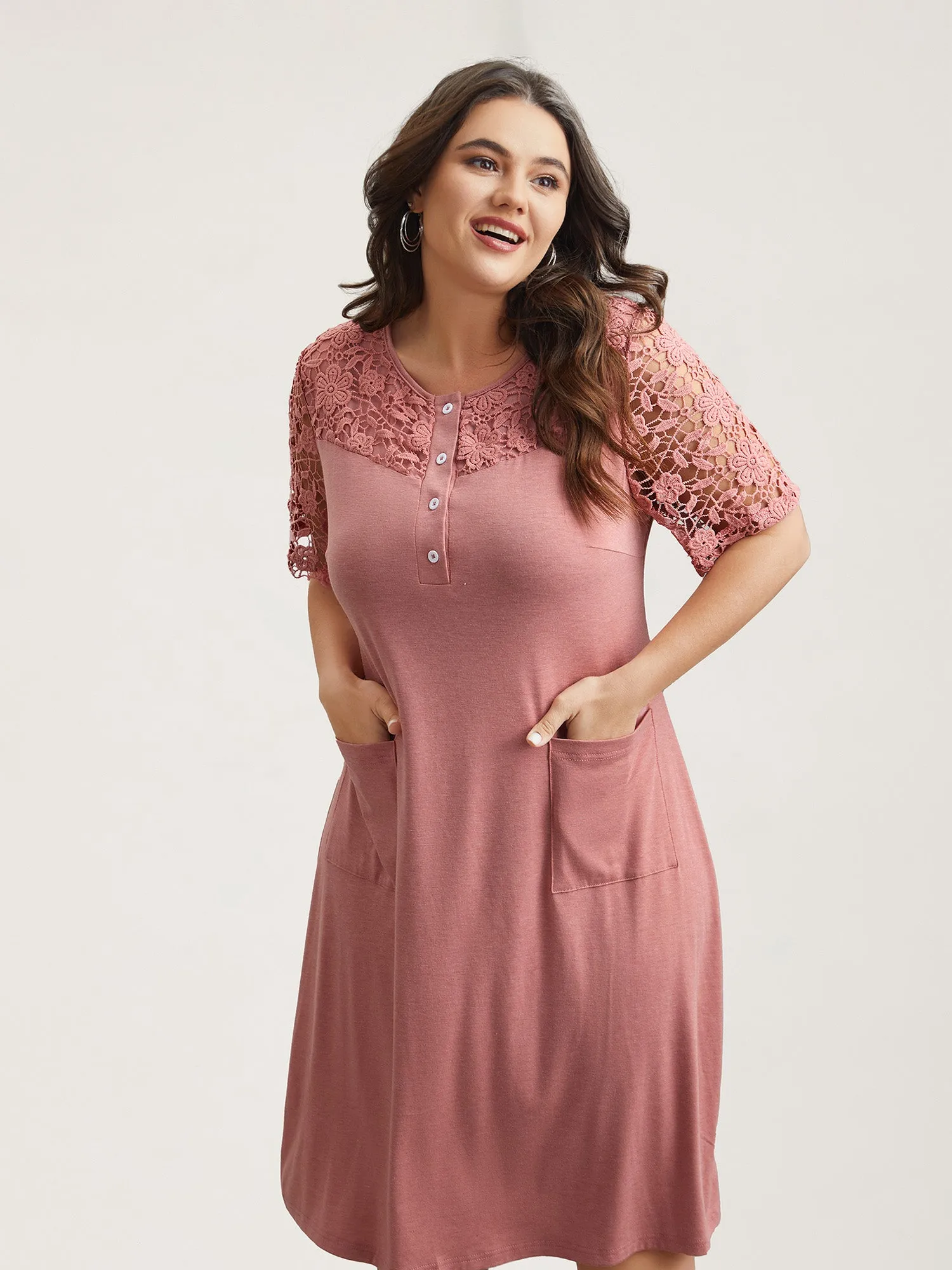 Sheer Lace Placket Pockets Midi Dress sold by Bloomchic
