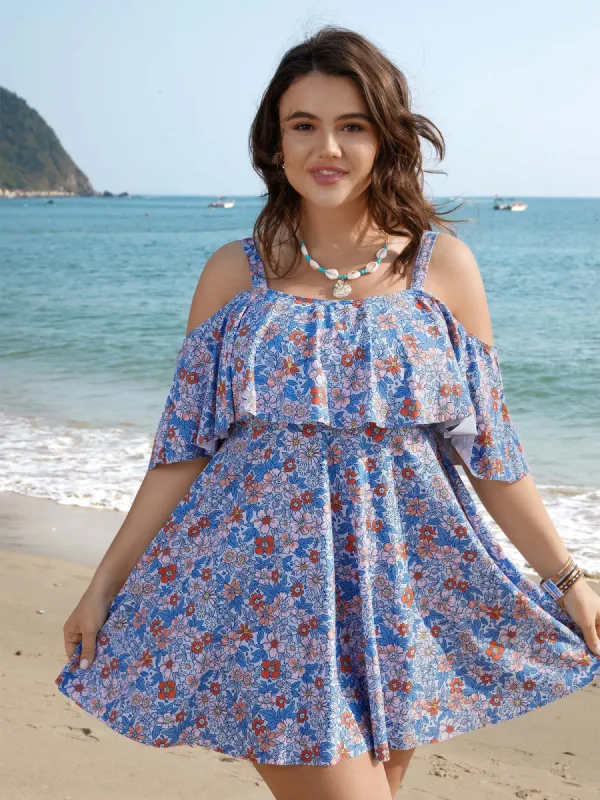 Floral Cold-Shoulder Ruffled Swim Dress sold by Bloomchic