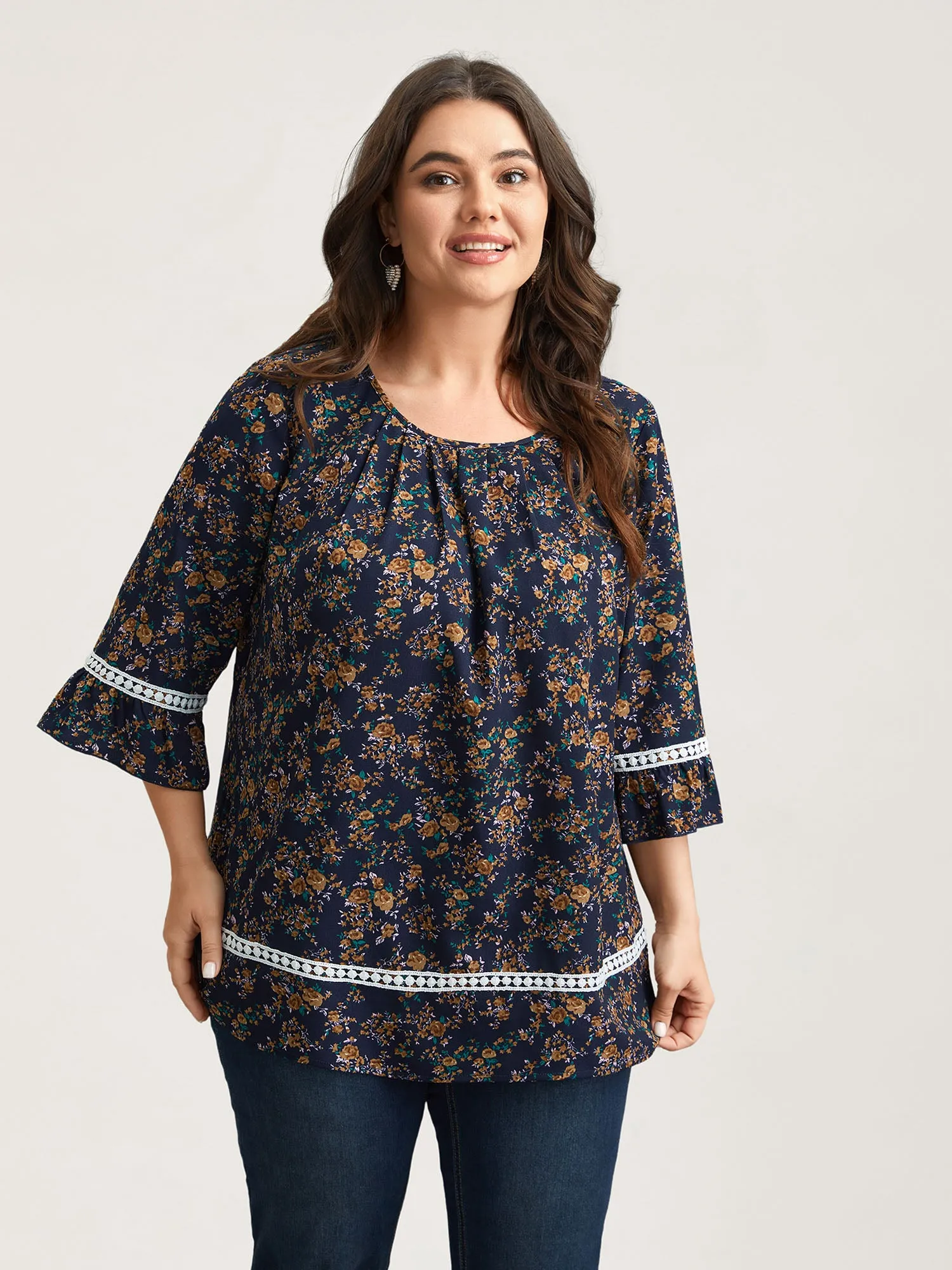 Floral Print Lace Paneled Gathered Shirt sold by Bloomchic